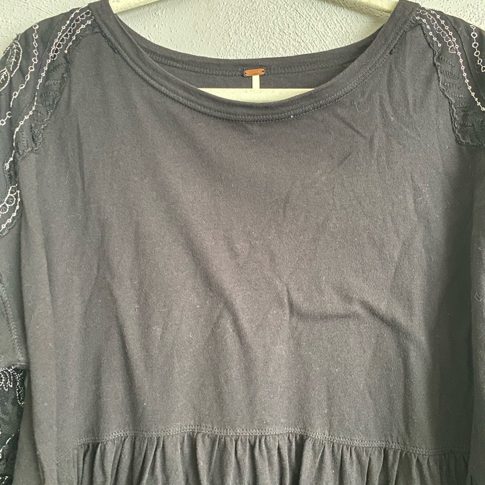 Free People Top Size Small Black Long Sleeve Embroidery Sheer Floral Neutral - Picture 2 of 8